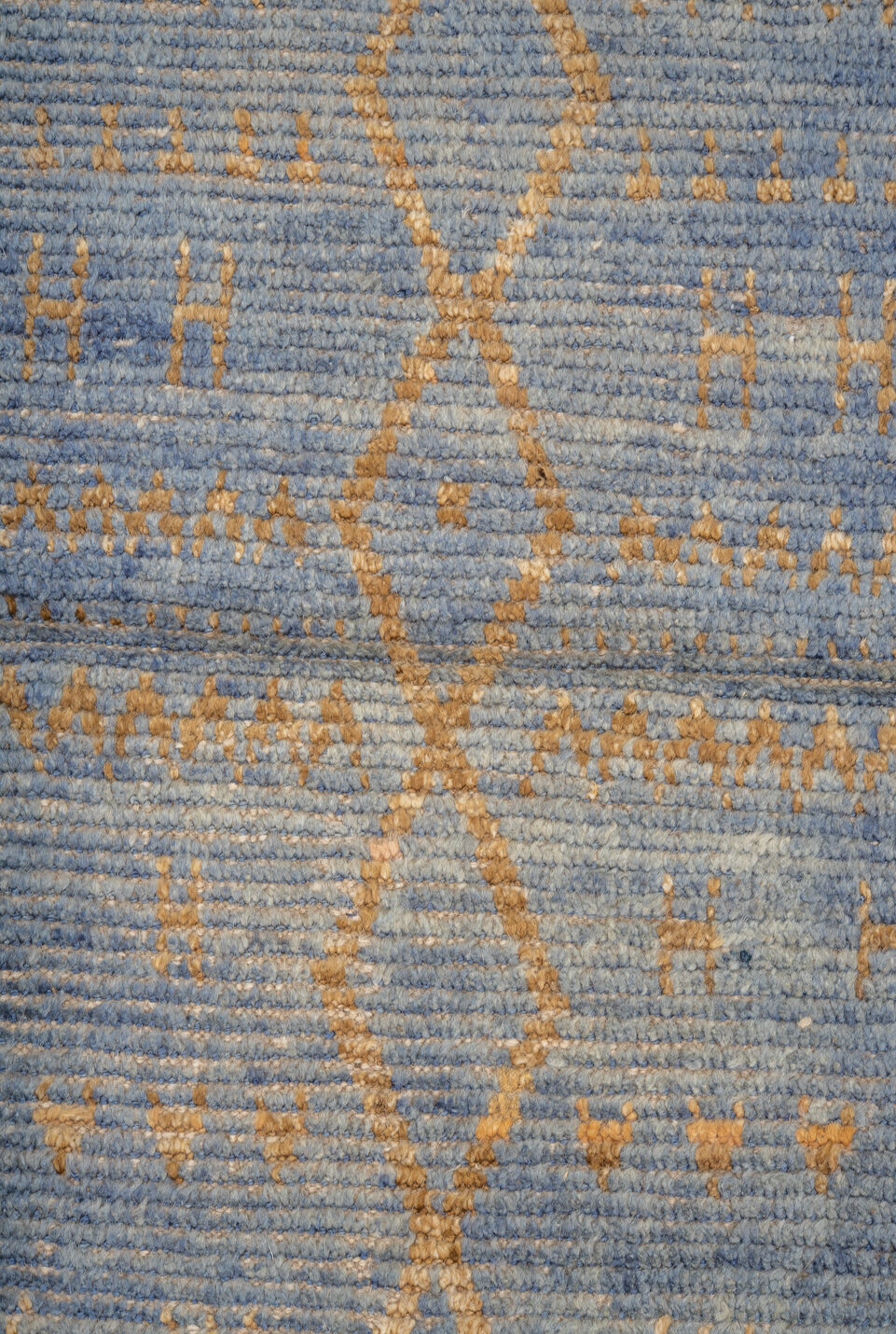 3' x 9' one-of-a-kind handmade vintage Tulu runner rug. Color palette: blue, brown, dark gray, gray, light blue, light gray