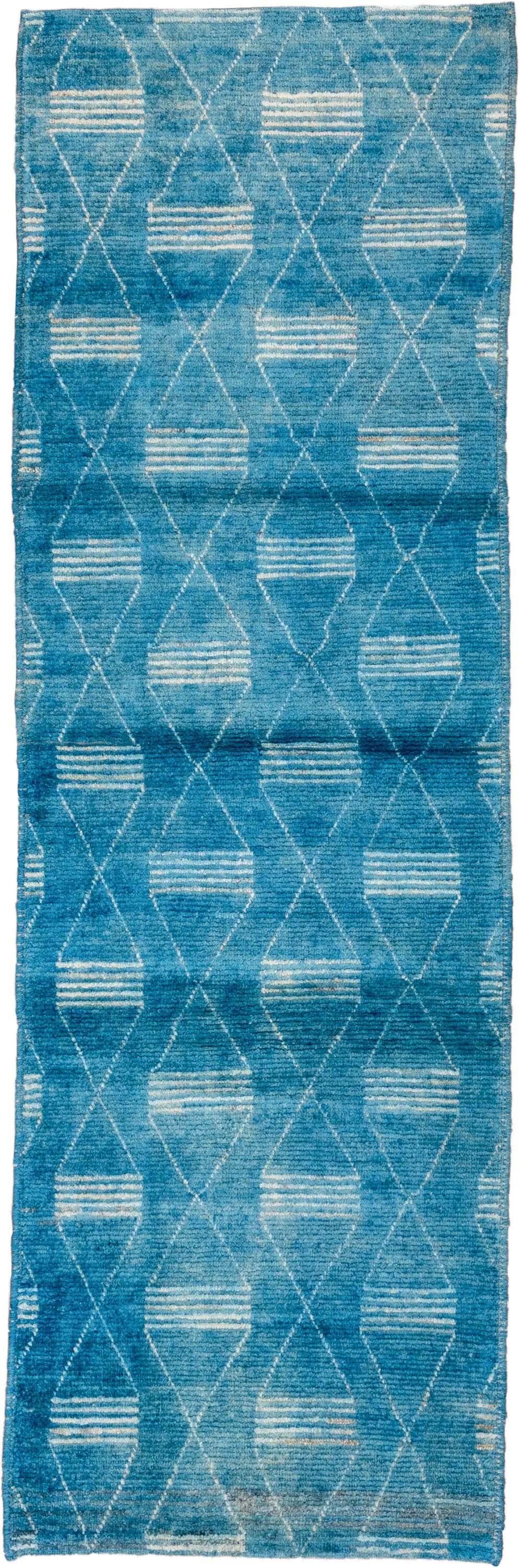 2' x 9' one-of-a-kind handmade vintage Tulu runner rug. Color palette: turquoise, ivory, aqua, teal