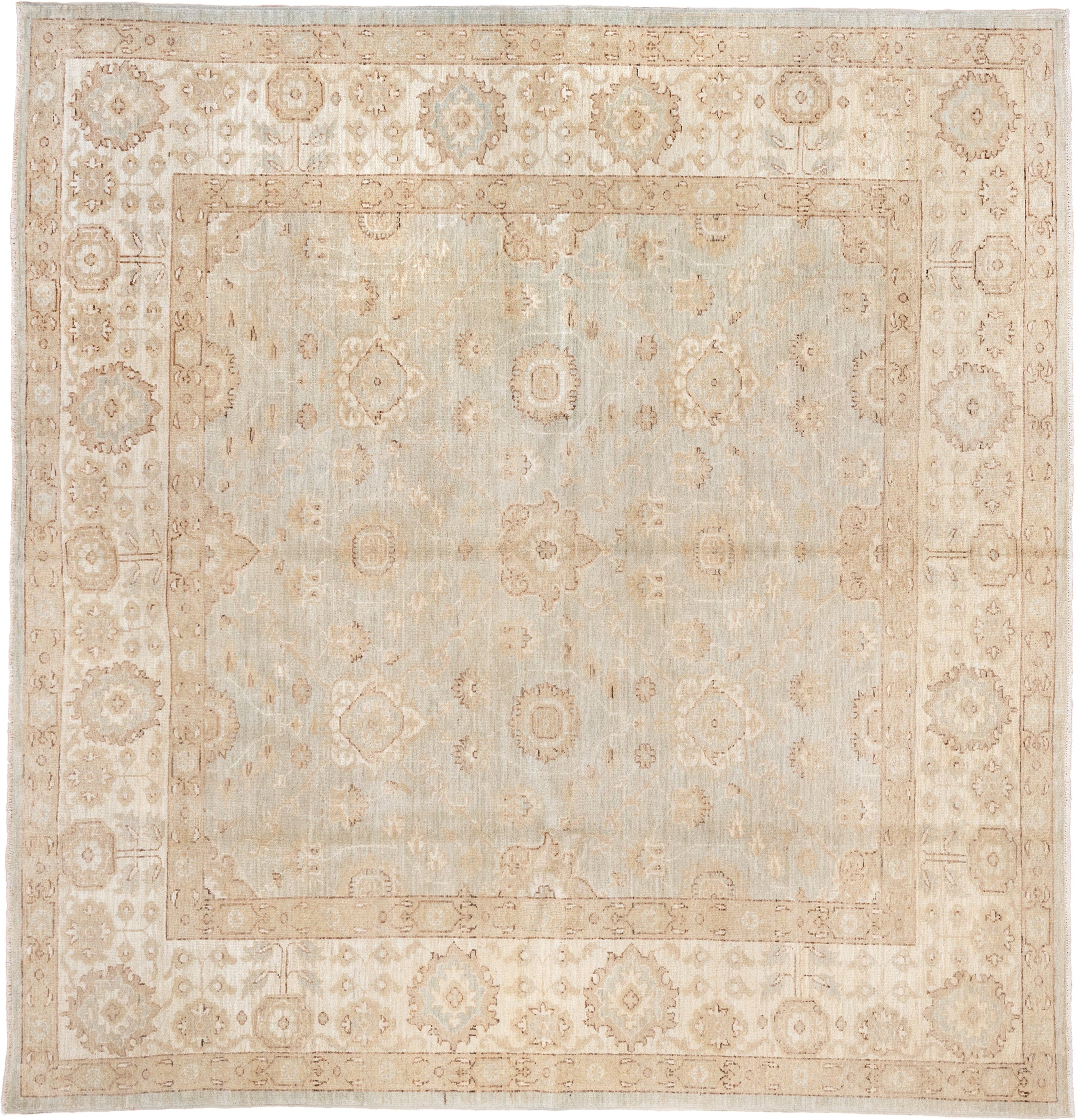 7' x 7' one-of-a-kind handmade vintage Sivas rug. Color palette: ivory, beige, taupe, camel, pale blue, cream, gray