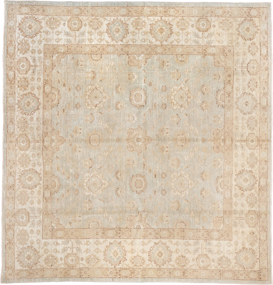 7' x 7' one-of-a-kind handmade vintage Sivas rug. Color palette: ivory, beige, taupe, camel, pale blue, cream, gray