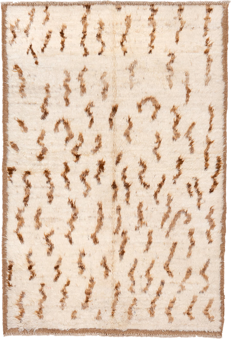 5' x 8' one-of-a-kind handmade vintage Moroccan medium size rug. Color palette: ivory, camel, brown, cream, beige