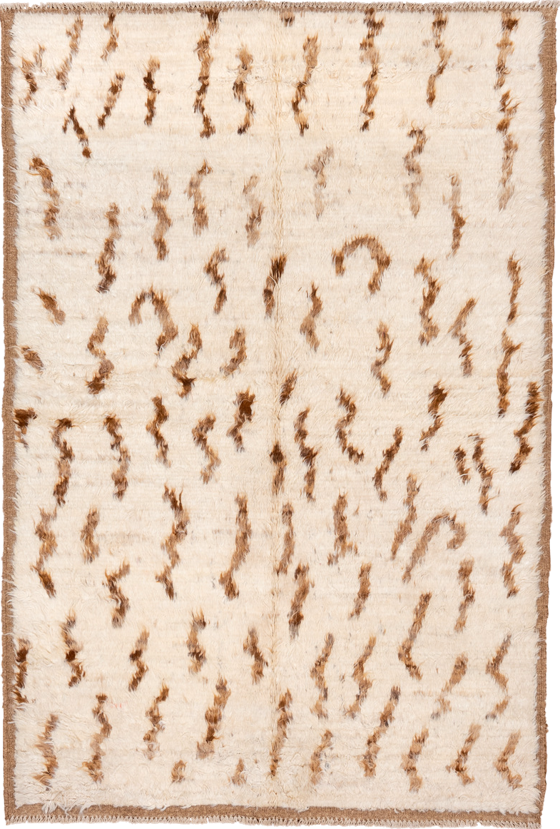 5' x 8' one-of-a-kind handmade vintage Moroccan medium size rug. Color palette: antiquewhite, brown, gray, light gray, linen