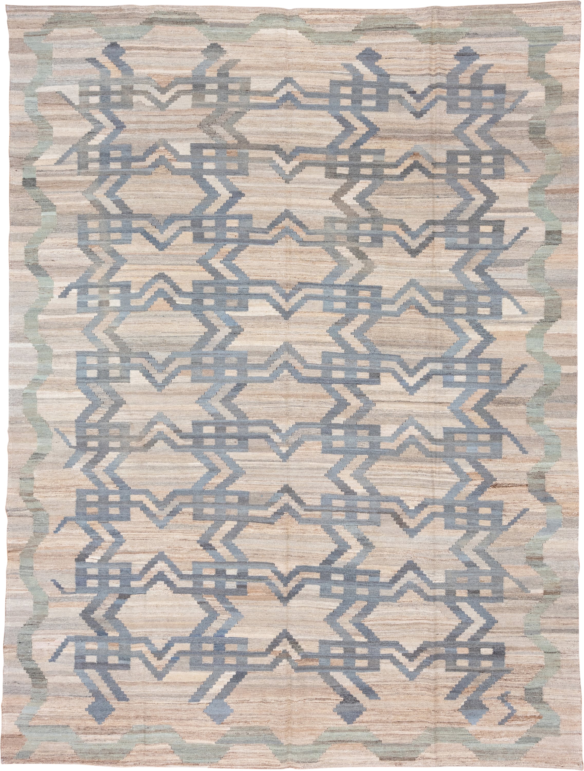 9' x 11' one-of-a-kind handmade vintage Kilim large size rug. Color palette: ivory, beige, pale blue, sage, taupe