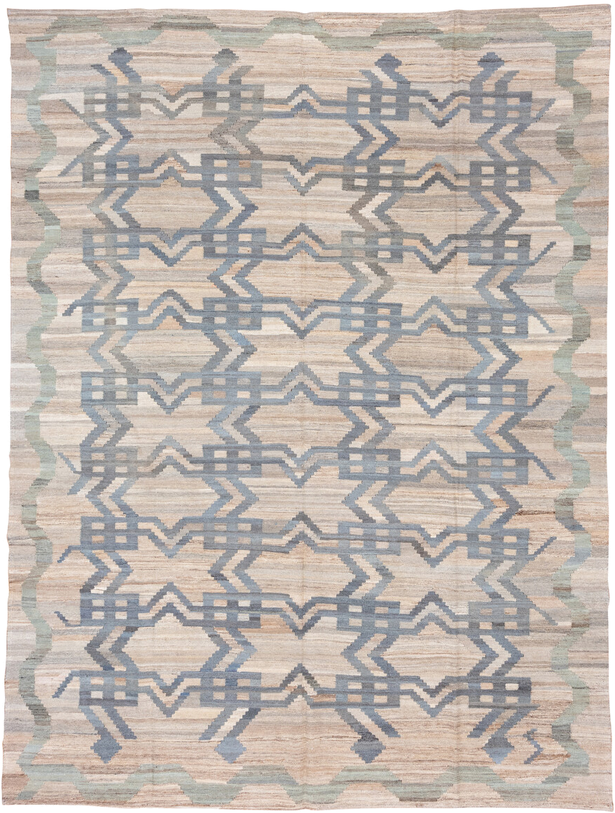 9' x 11' one-of-a-kind handmade vintage Kilim large size rug. Color palette: ivory, beige, pale blue, sage, taupe