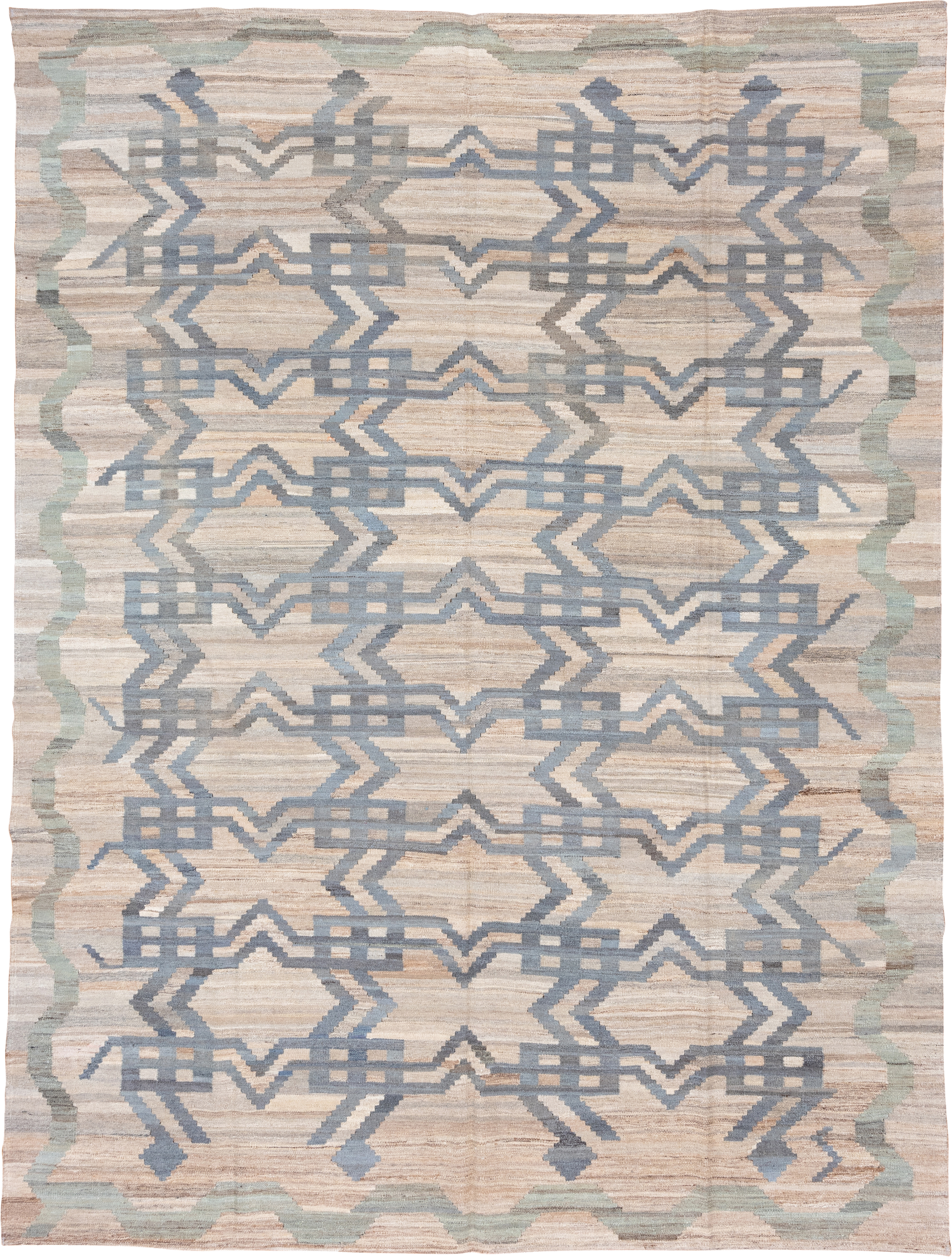 9' x 11' one-of-a-kind handmade vintage Kilim large size rug. Color palette: ivory, beige, pale blue, sage, taupe