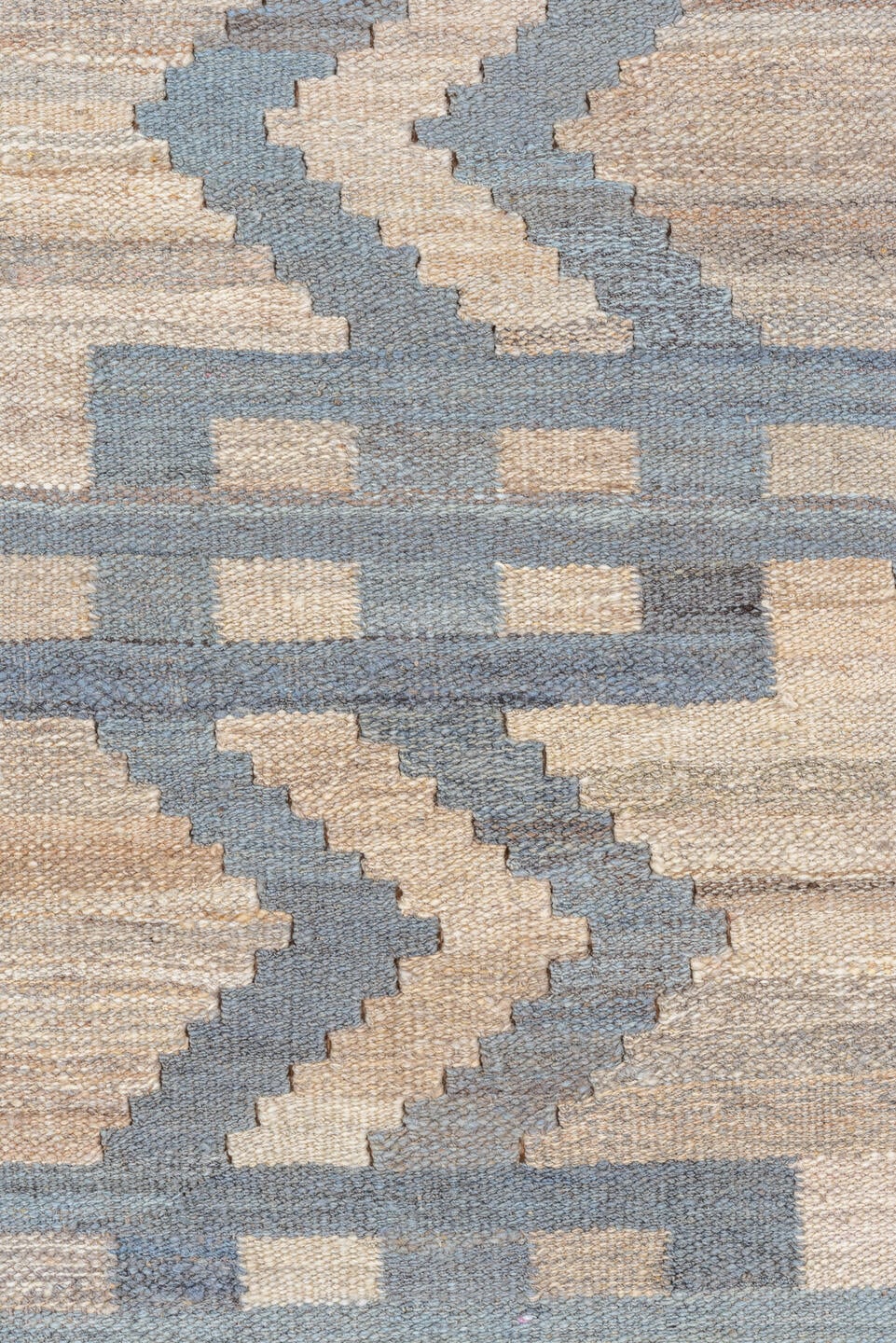 9' x 11' one-of-a-kind handmade vintage Kilim large size rug. Color palette: ivory, beige, pale blue, sage, taupe