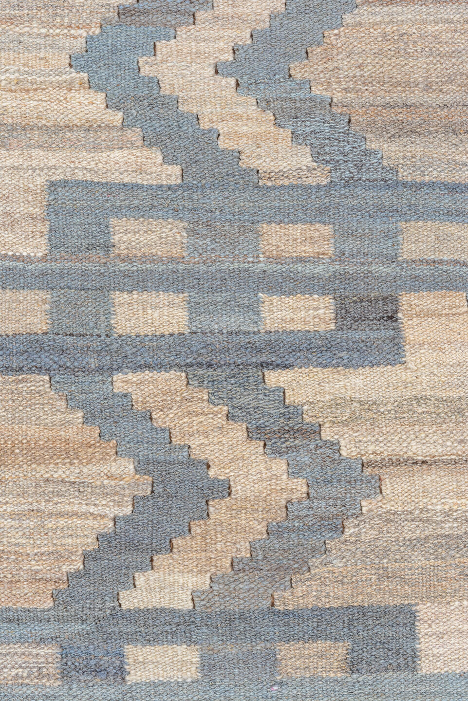 9' x 11' one-of-a-kind handmade vintage Kilim large size rug. Color palette: ivory, beige, pale blue, sage, taupe
