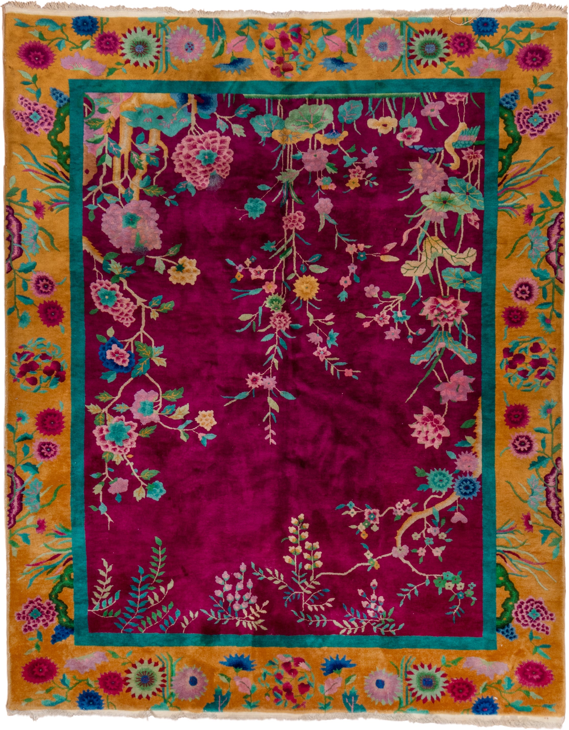 7' x 9' one-of-a-kind handmade vintage Chinese rug. Color palette: magenta, gold, turquoise, pink, teal, ivory, blue, green