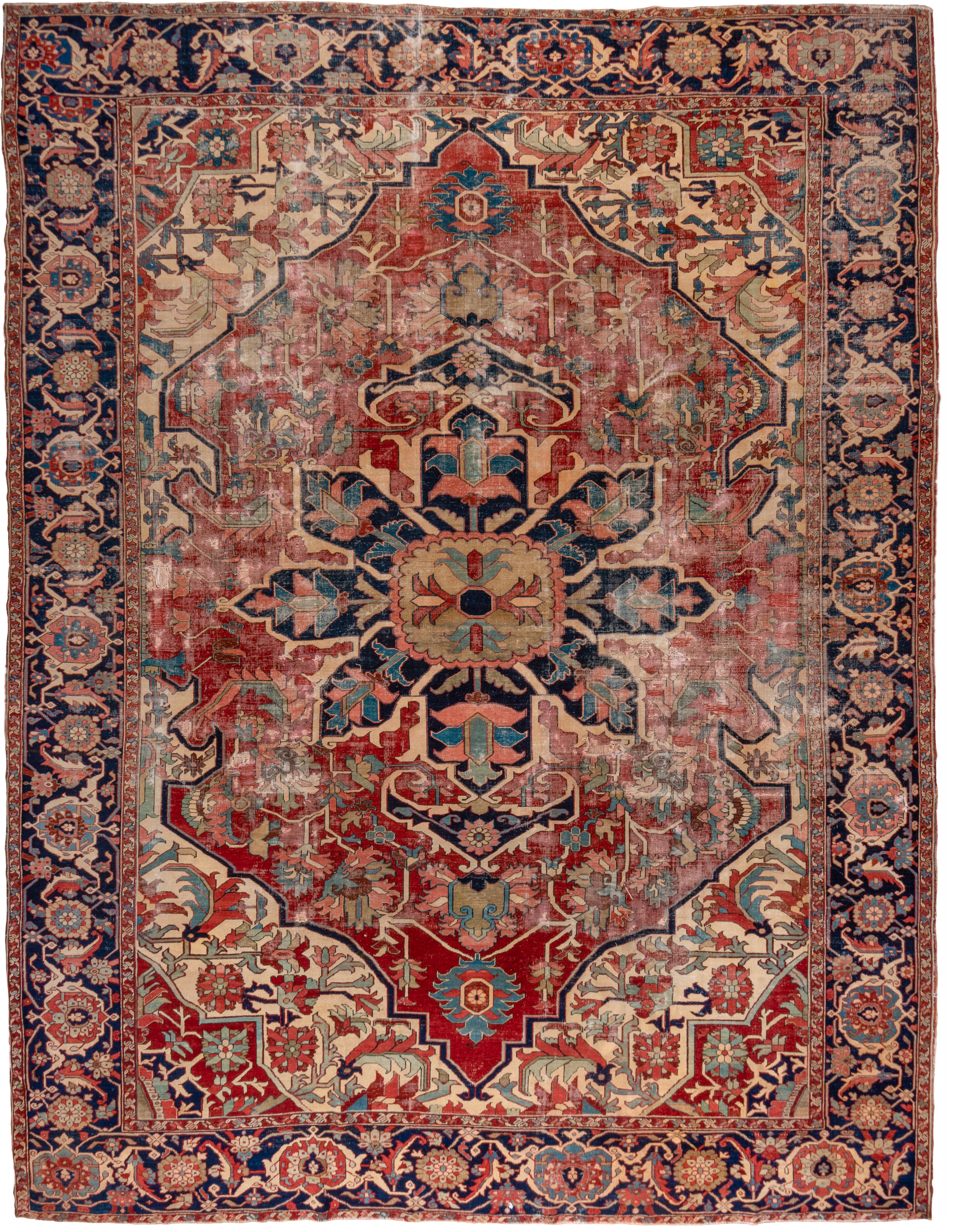 12' x 16' one-of-a-kind handmade vintage Serapi oversize rug. Color palette: red, navy, ivory, rust, sky blue, sage, camel