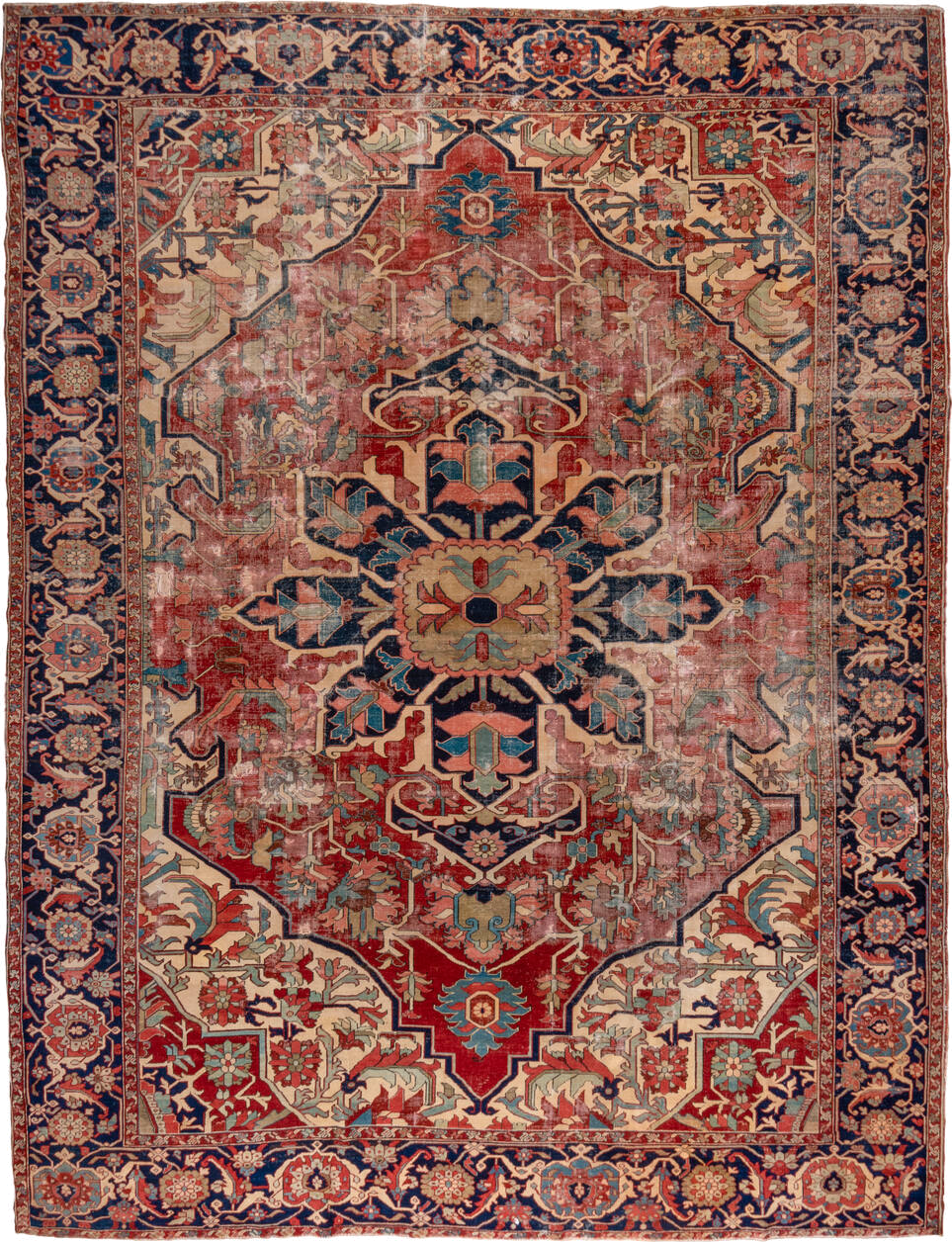 12' x 16' one-of-a-kind handmade vintage Serapi oversize rug. Color palette: black, blue, brown, dark slate gray, dim gray