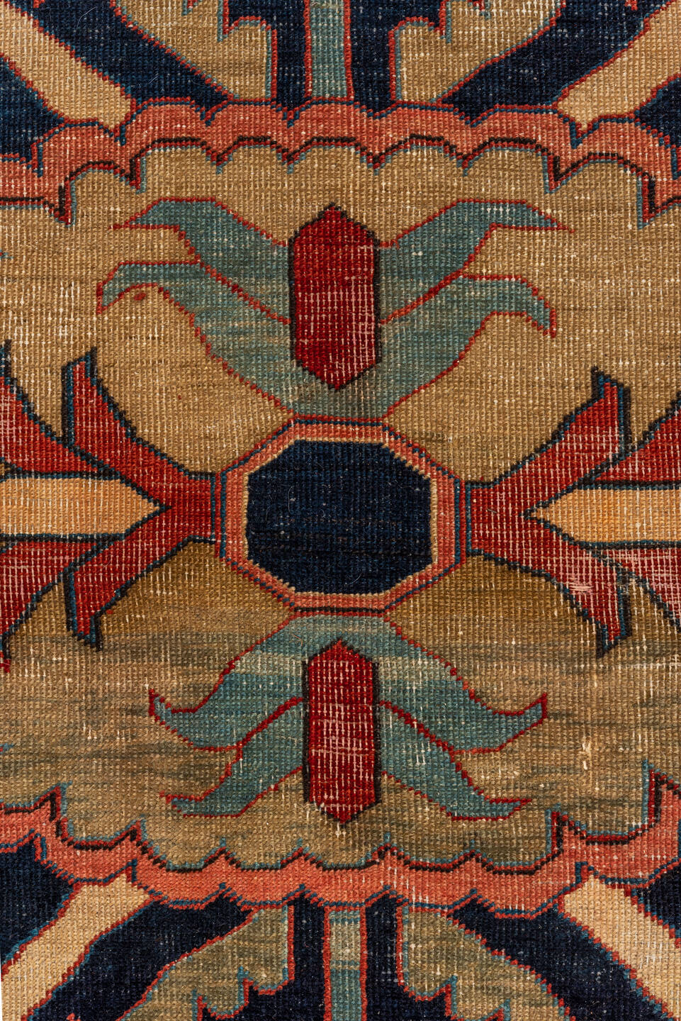 12' x 16' one-of-a-kind handmade vintage Serapi oversize rug. Color palette: red, navy, ivory, rust, sky blue, sage, camel