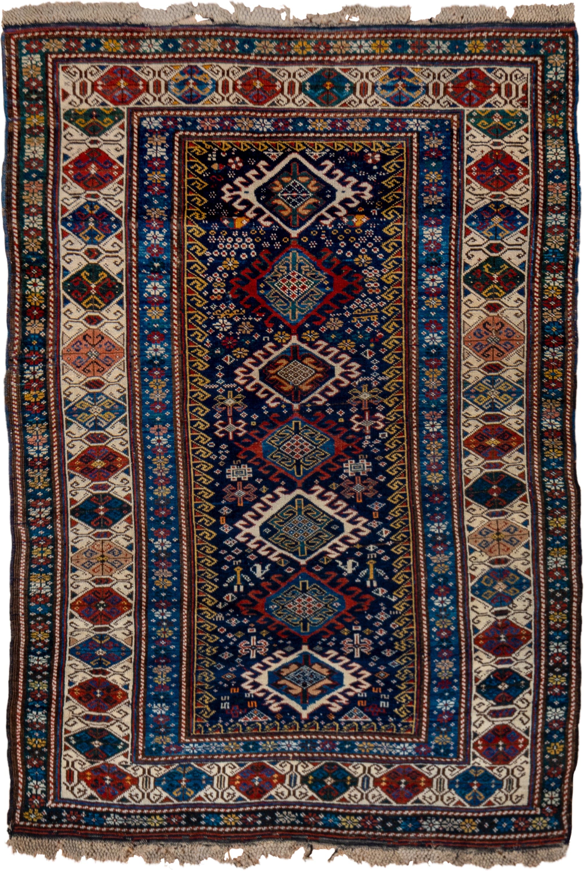 3' x 5' one-of-a-kind handmade vintage Shirvan small size rug. Color palette: navy, ivory, cobalt, crimson, rust, camel