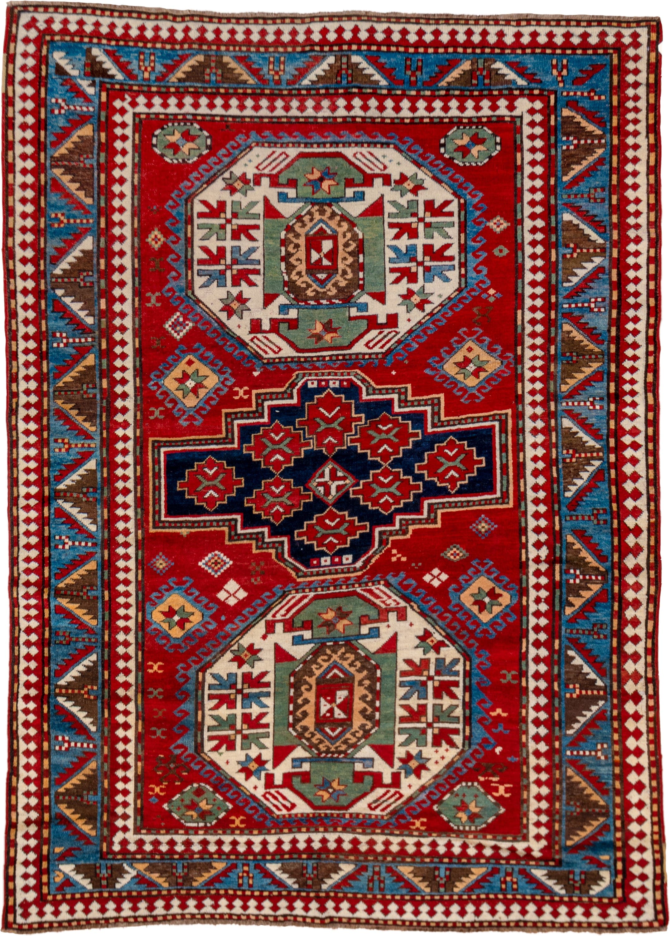 5' x 7' one-of-a-kind handmade vintage Kazak rug. Color palette: red, ivory, sky_blue, navy, brown, sage, camel, light blue