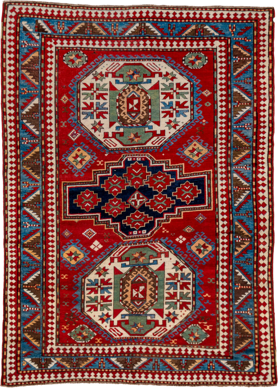 5' x 7' one-of-a-kind handmade vintage Kazak rug. Color palette: red, ivory, sky_blue, navy, brown, sage, camel, light blue