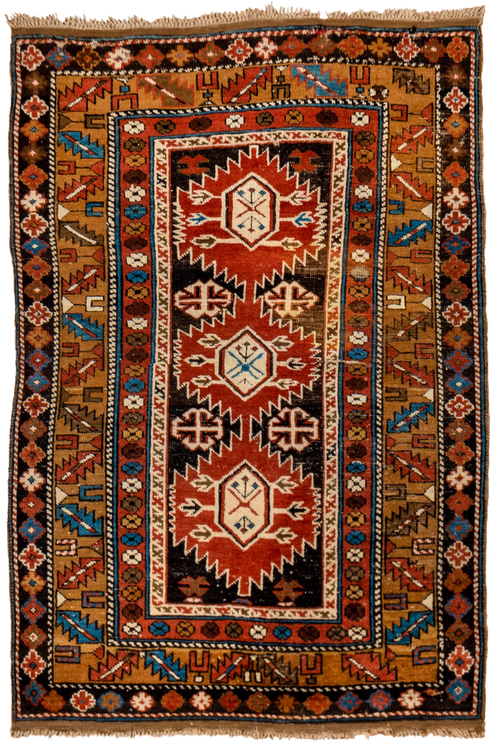 3' x 4' one-of-a-kind handmade vintage Shirvan small size rug. Color palette: rust, camel, ivory, black, sky blue