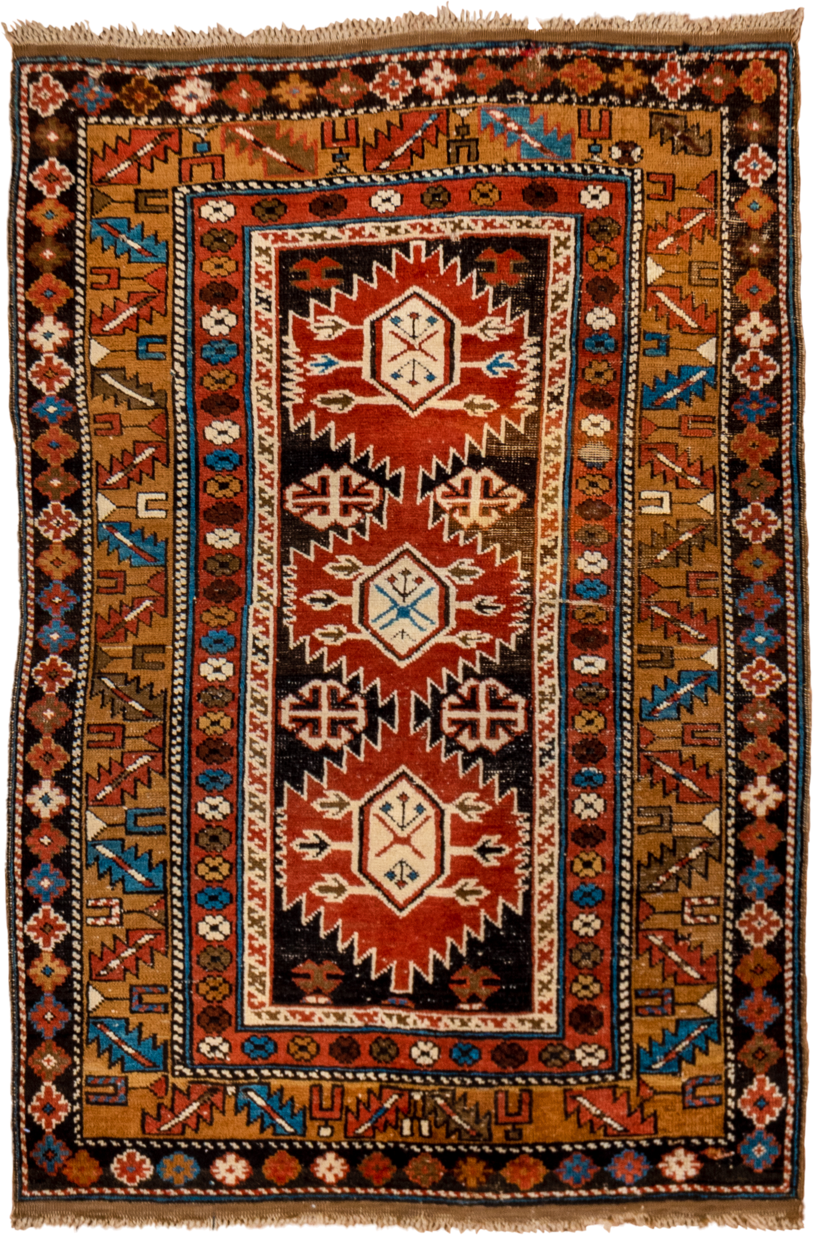 3' x 4' one-of-a-kind handmade vintage Shirvan small size rug. Color palette: rust, camel, ivory, black, sky blue