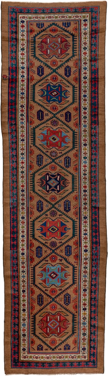 3' x 12' one-of-a-kind handmade vintage Cam Hamadan runner rug. Color palette: camel, navy, rust, ivory, red, sky_blue, teal