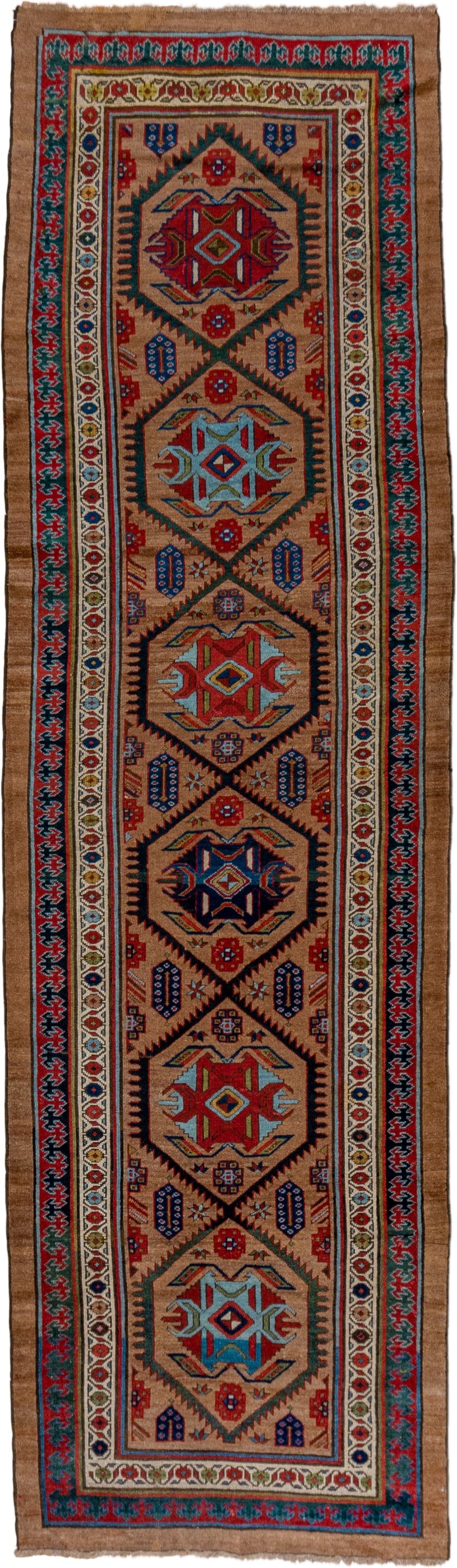 3' x 12' one-of-a-kind handmade vintage Cam Hamadan runner rug. Color palette: camel, red, ivory, navy, turquoise, brown