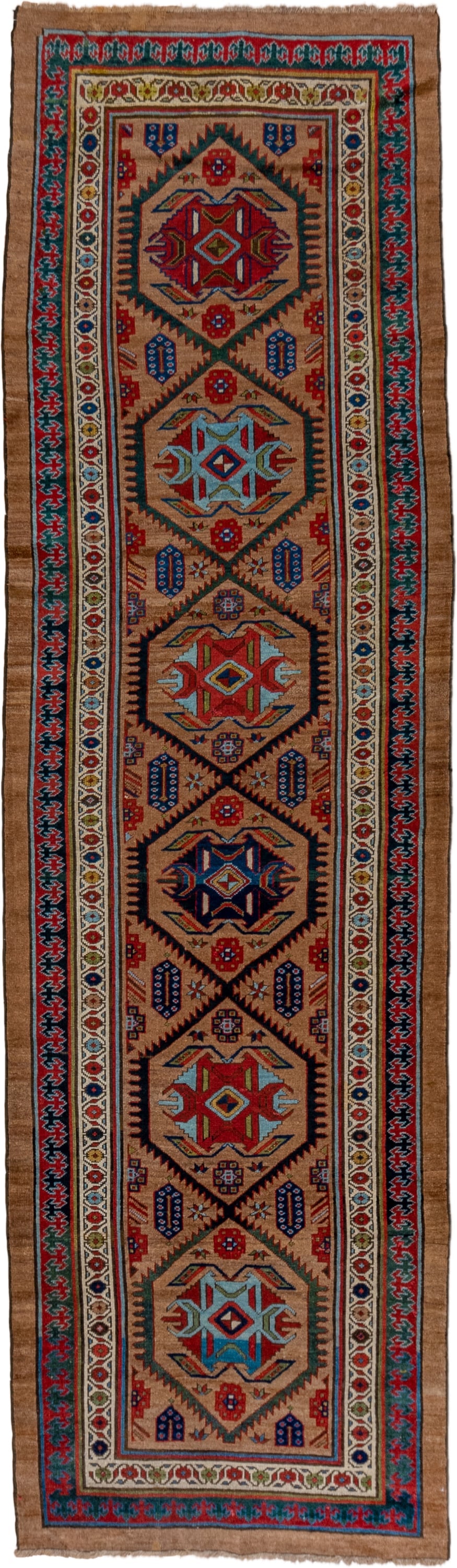 3' x 12' one-of-a-kind handmade vintage Cam Hamadan runner rug. Color palette: camel, red, ivory, navy, turquoise, brown