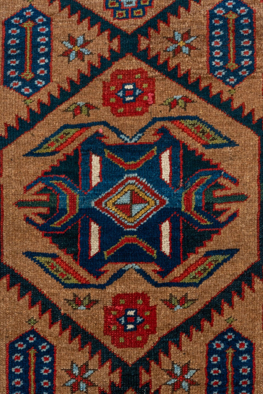 3' x 12' one-of-a-kind handmade vintage Cam Hamadan runner rug. Color palette: camel, red, ivory, navy, turquoise, brown