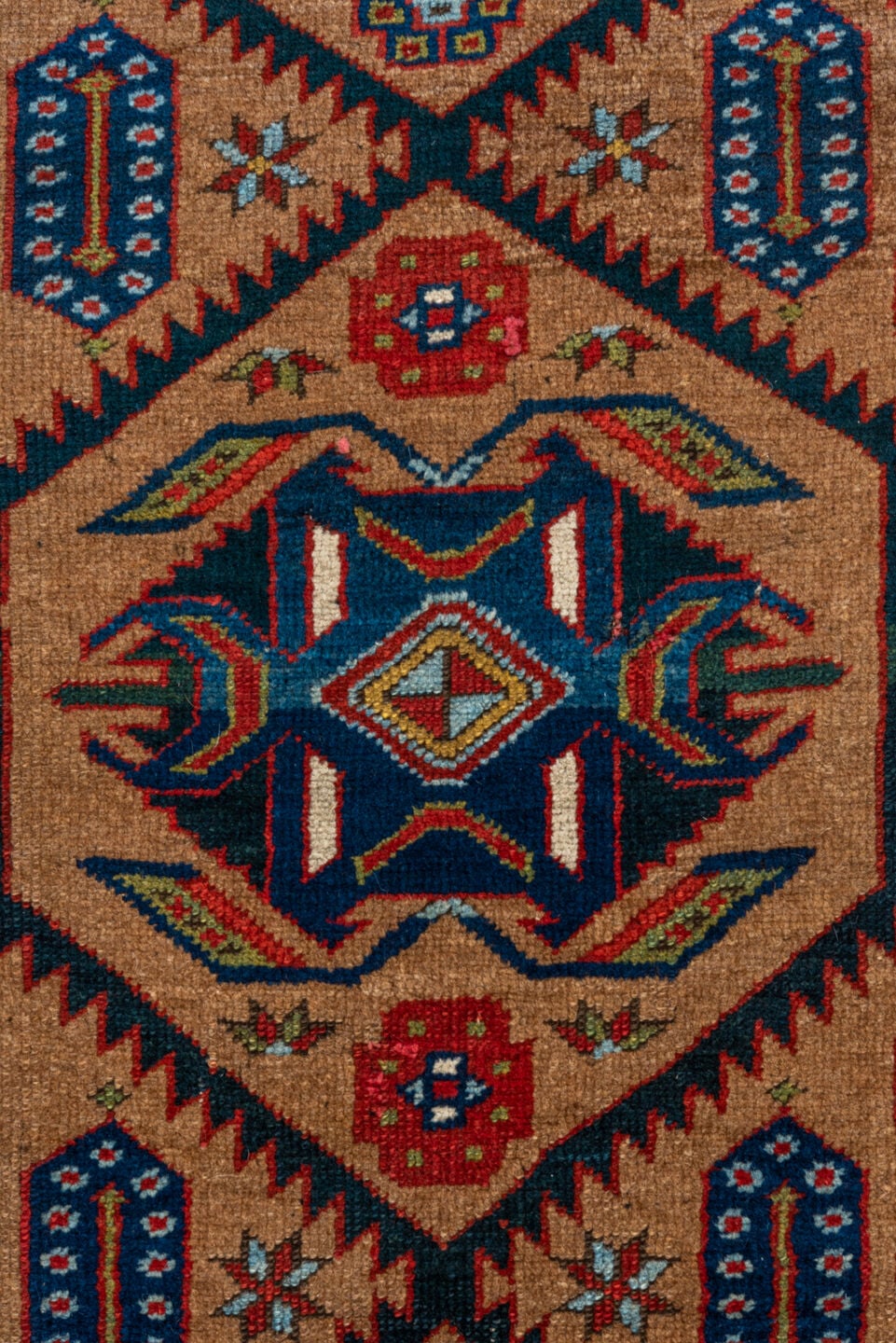 3' x 12' one-of-a-kind handmade vintage Cam Hamadan runner rug. Color palette: camel, red, ivory, navy, turquoise, brown