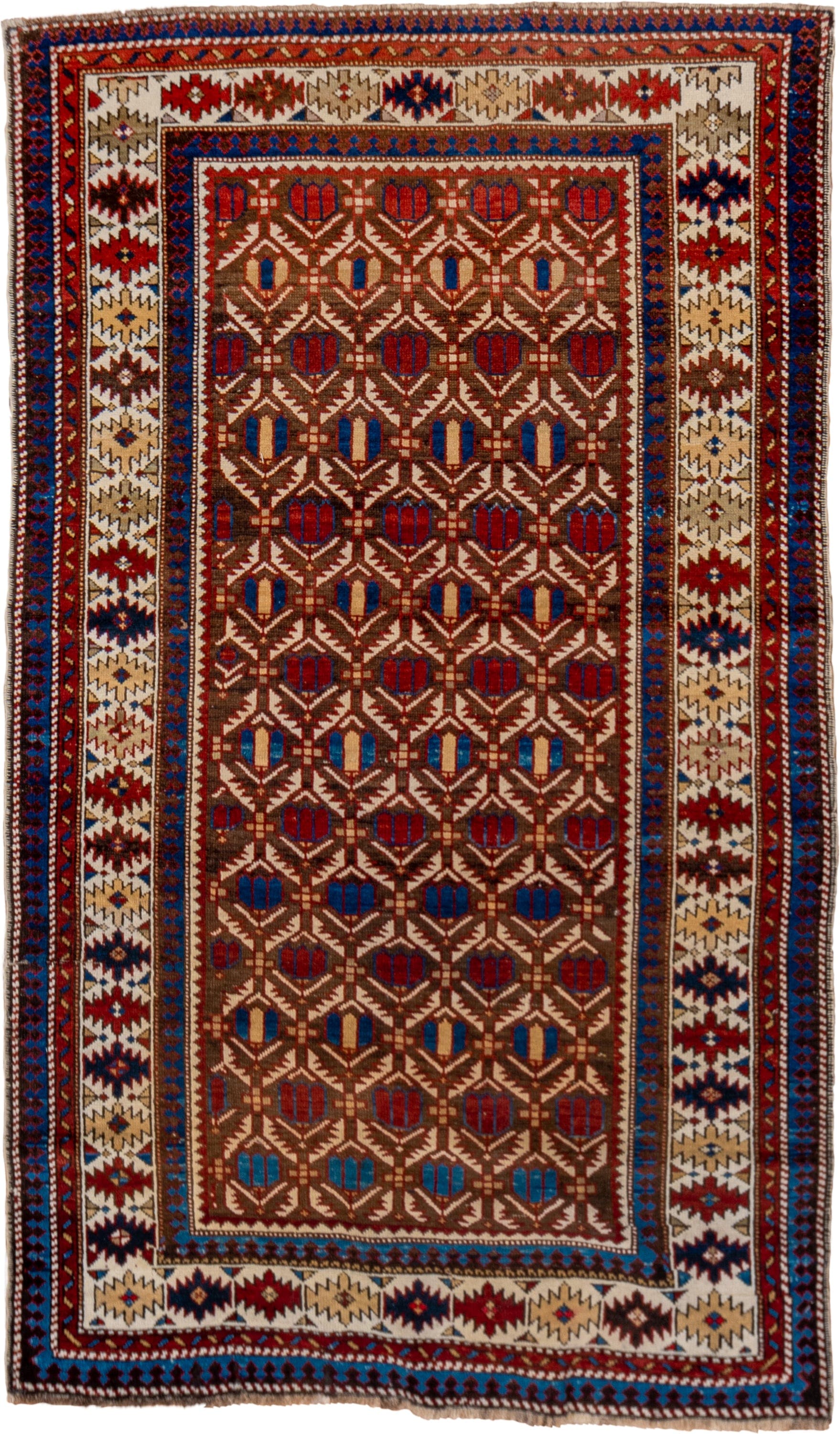 3' x 5' one-of-a-kind handmade vintage Shirvan small size rug. Color palette: ivory, indigo, rust, crimson, brown, camel