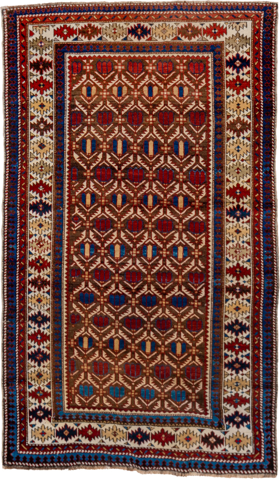 3' x 5' one-of-a-kind handmade vintage Shirvan small size rug. Color palette: ivory, indigo, rust, crimson, brown, camel