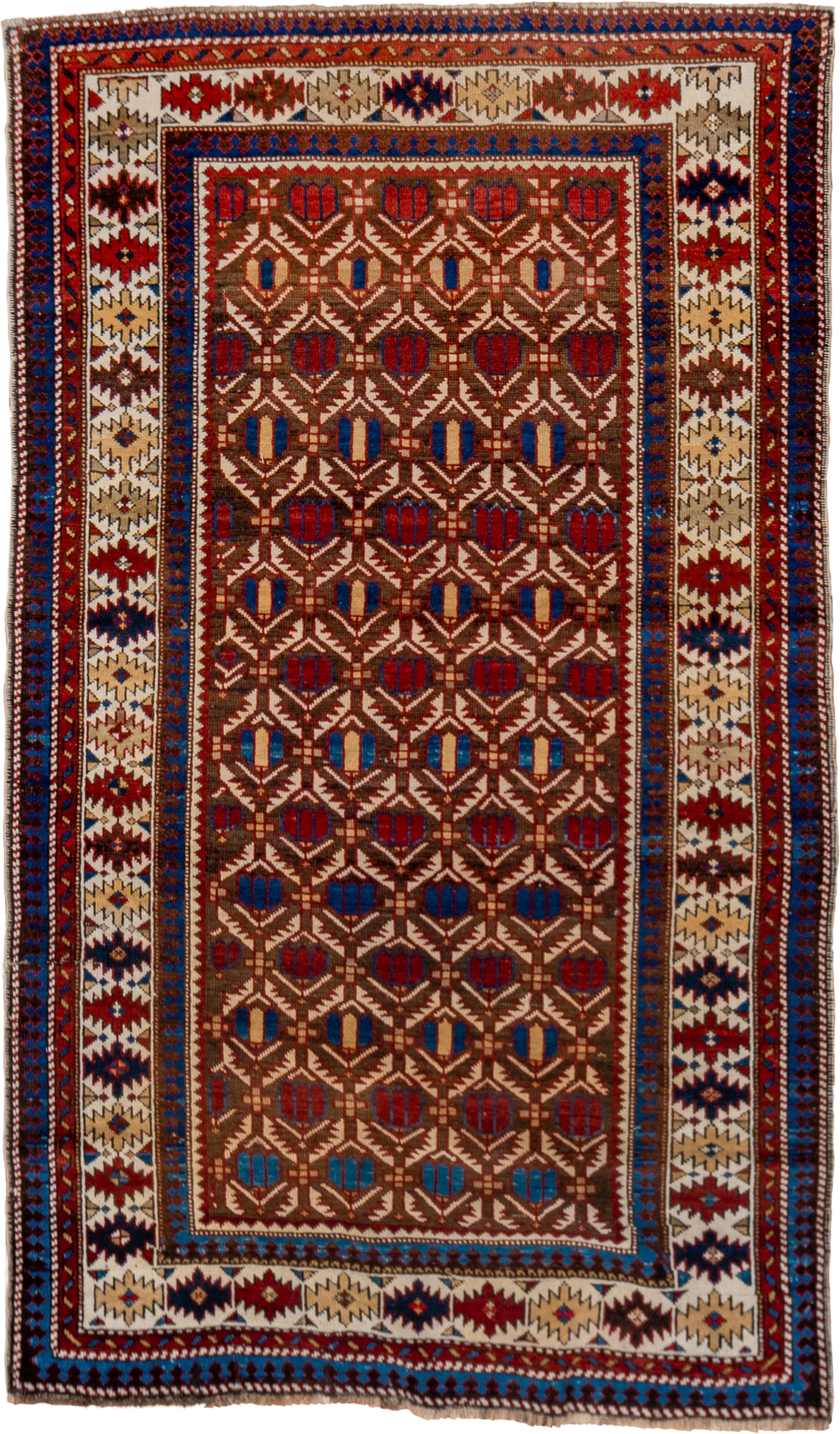 3' x 5' one-of-a-kind handmade vintage Shirvan small size rug. Color palette: ivory, indigo, rust, crimson, brown, camel