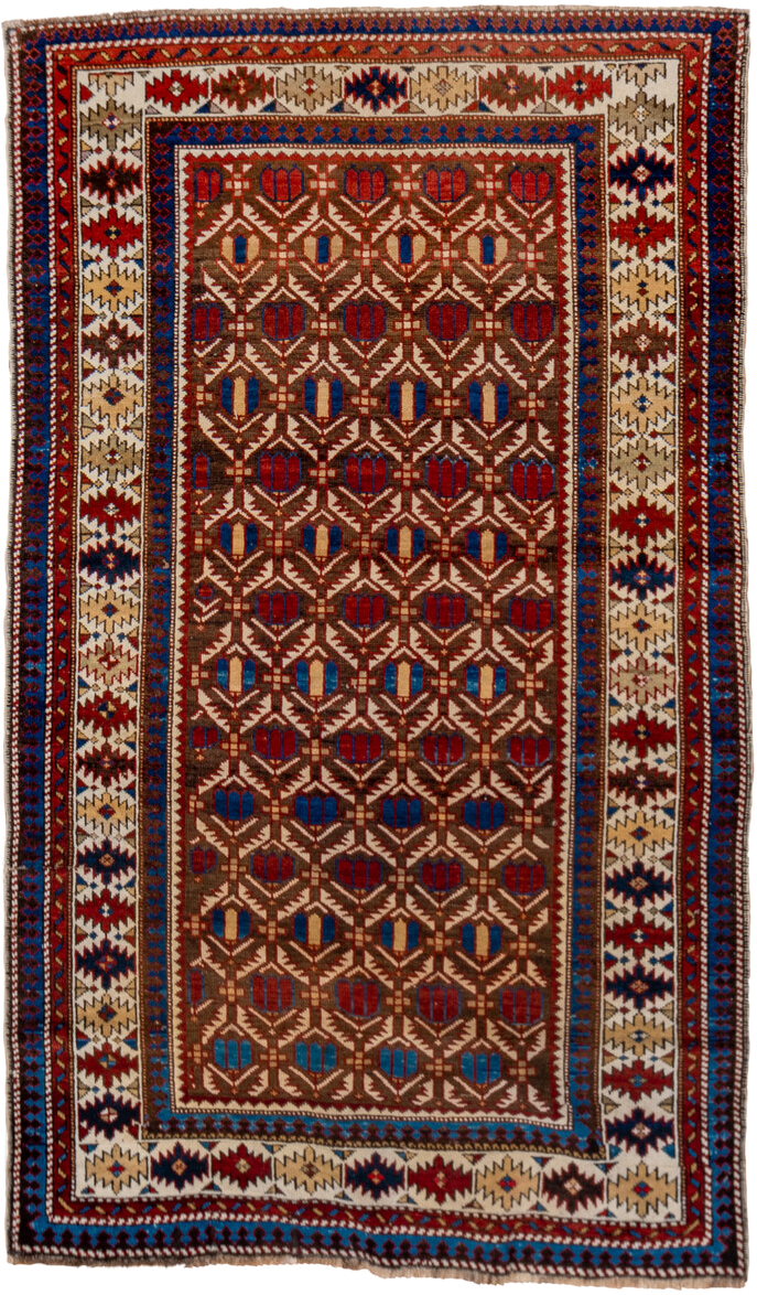 3' x 5' one-of-a-kind handmade vintage Shirvan small size rug. Color palette: ivory, indigo, rust, crimson, brown, camel