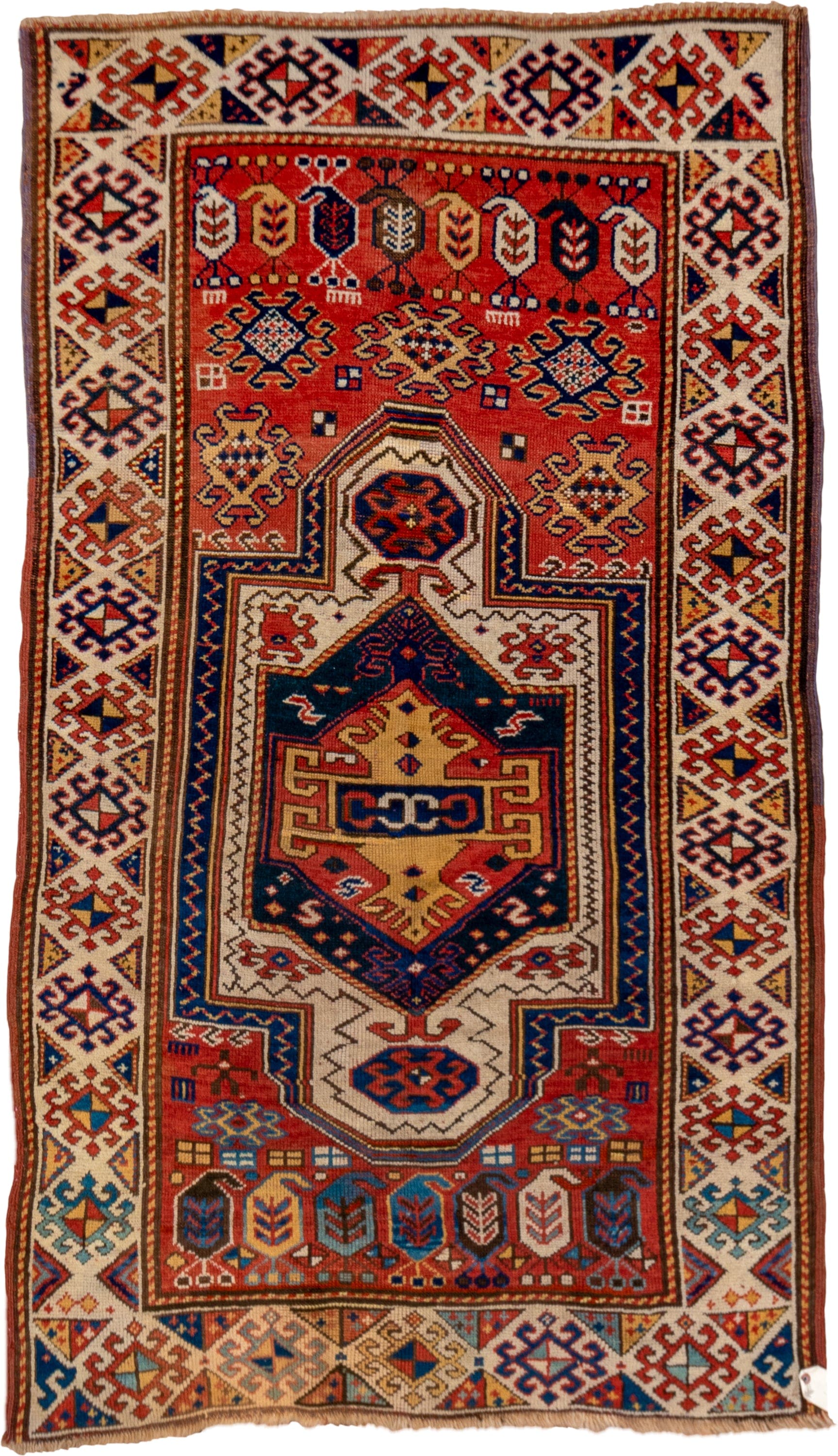 3' x 6' one-of-a-kind handmade vintage Kazak small size rug. Color palette: rust, ivory, navy, gold, crimson, camel, teal