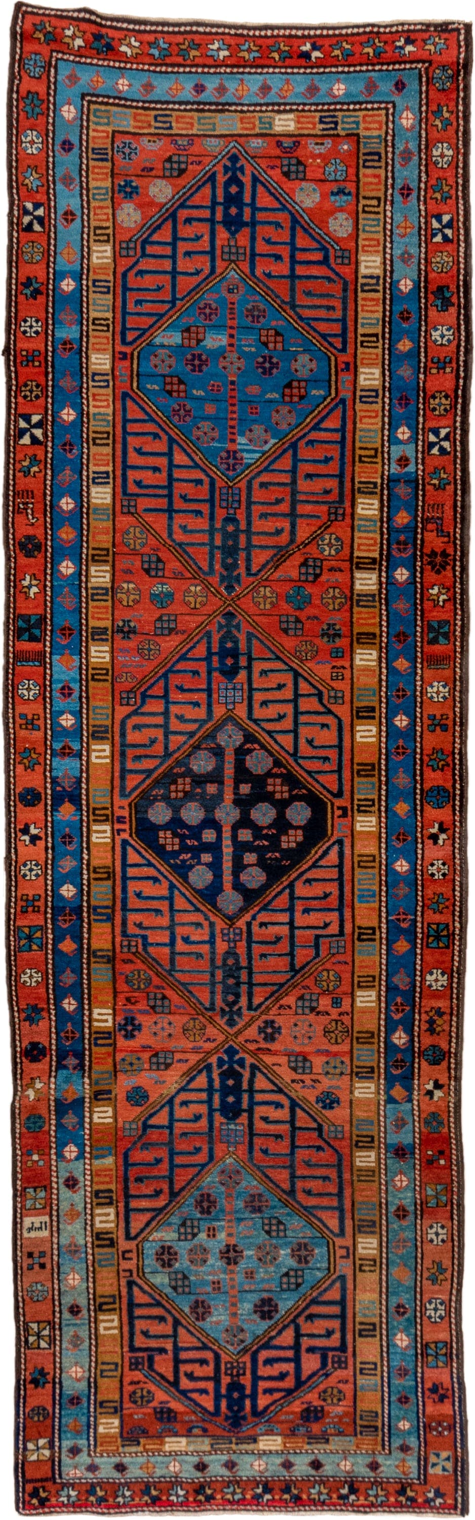 3' x 12' one-of-a-kind handmade vintage NW Persian runner rug. Color palette: rust, sky blue, navy, ivory, coral, camel