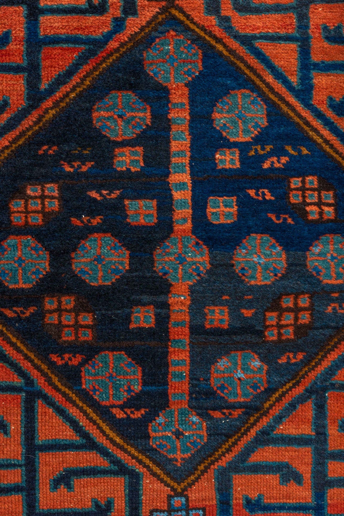 3' x 12' one-of-a-kind handmade vintage NW Persian runner rug. Color palette: rust, sky blue, navy, ivory, coral, camel