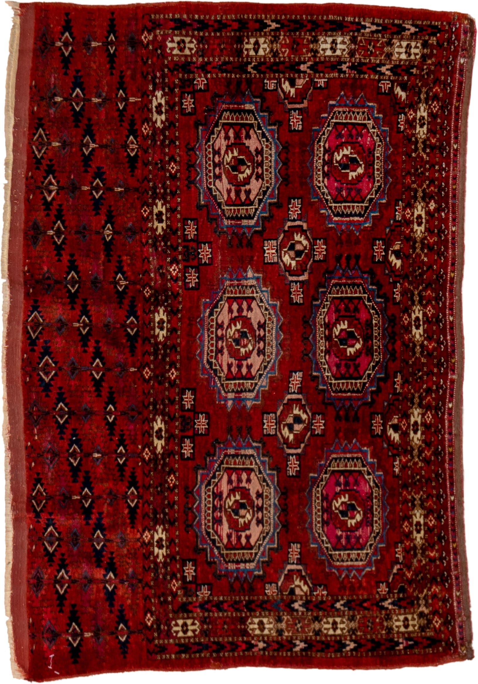 2' x 4' one-of-a-kind handmade vintage Teke small size rug. Color palette: red, burgundy, ivory, navy, rose, brown, black