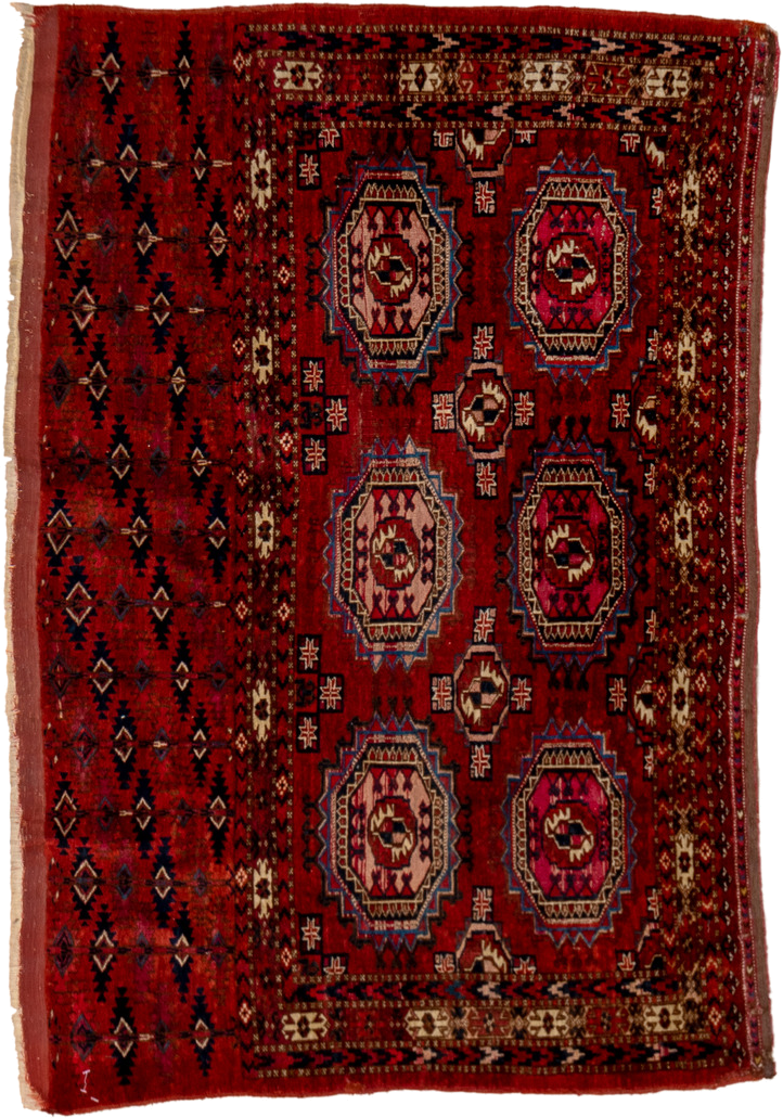 2' x 4' one-of-a-kind handmade vintage Teke small size rug. Color palette: red, burgundy, ivory, navy, rose, brown, black