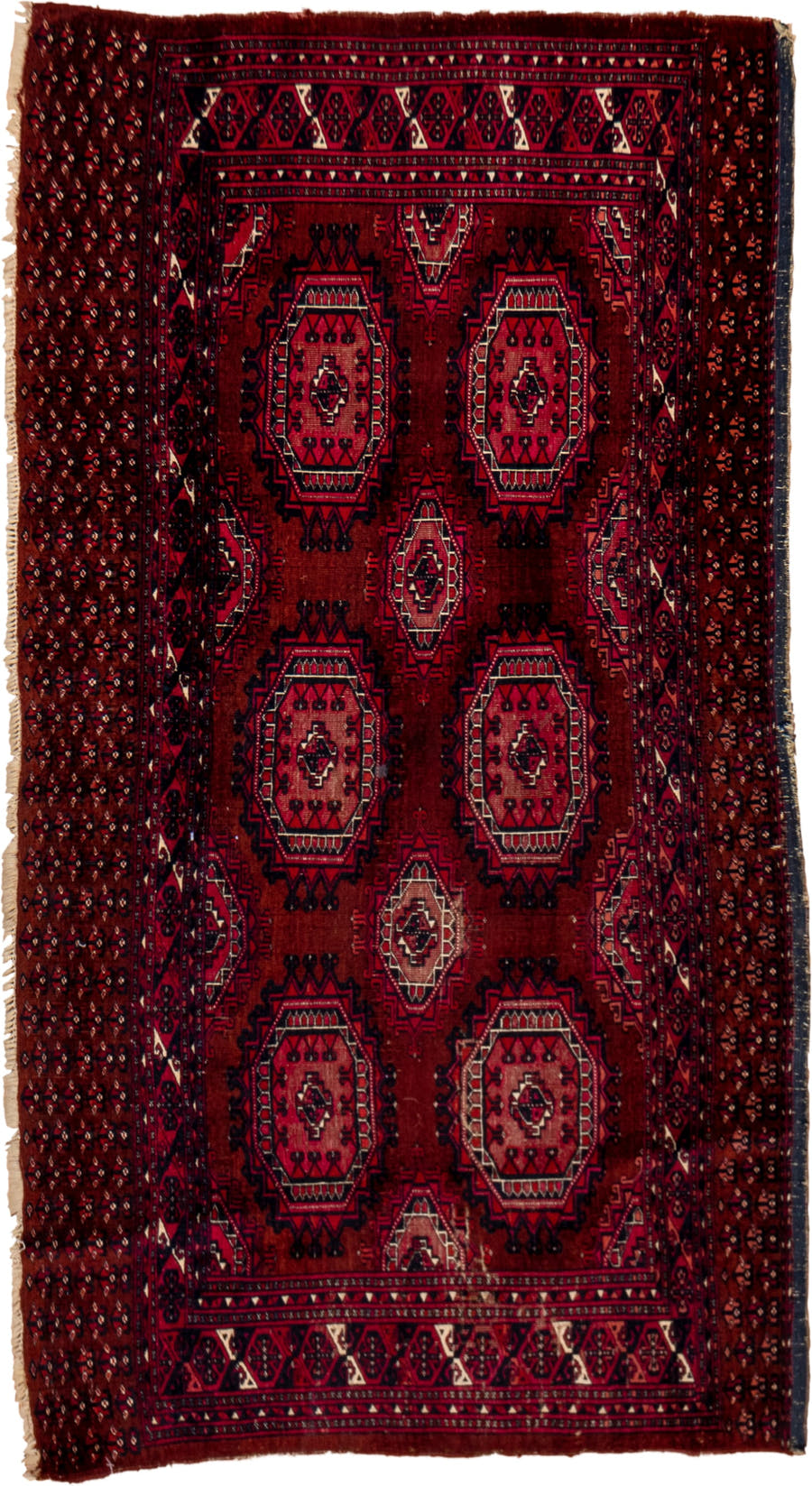 2' x 5' one-of-a-kind handmade vintage Teke small size rug. Color palette: burgundy, crimson, rust, ivory, charcoal, rose