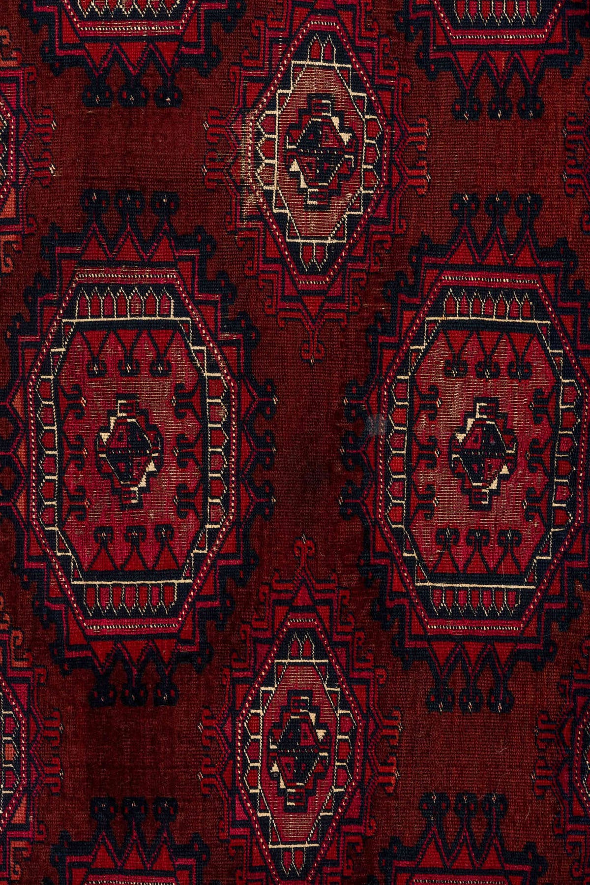 2' x 5' one-of-a-kind handmade vintage Teke small size rug. Color palette: burgundy, crimson, rust, ivory, charcoal, rose