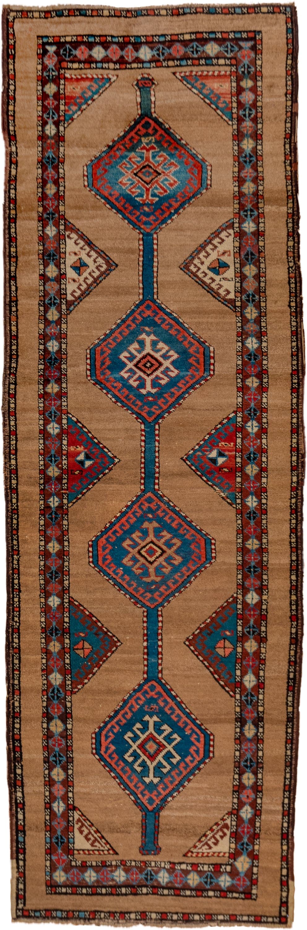 2' x 8' one-of-a-kind handmade vintage Cam Hamadan runner rug. Color palette: camel, turquoise, rust, ivory, brown, navy