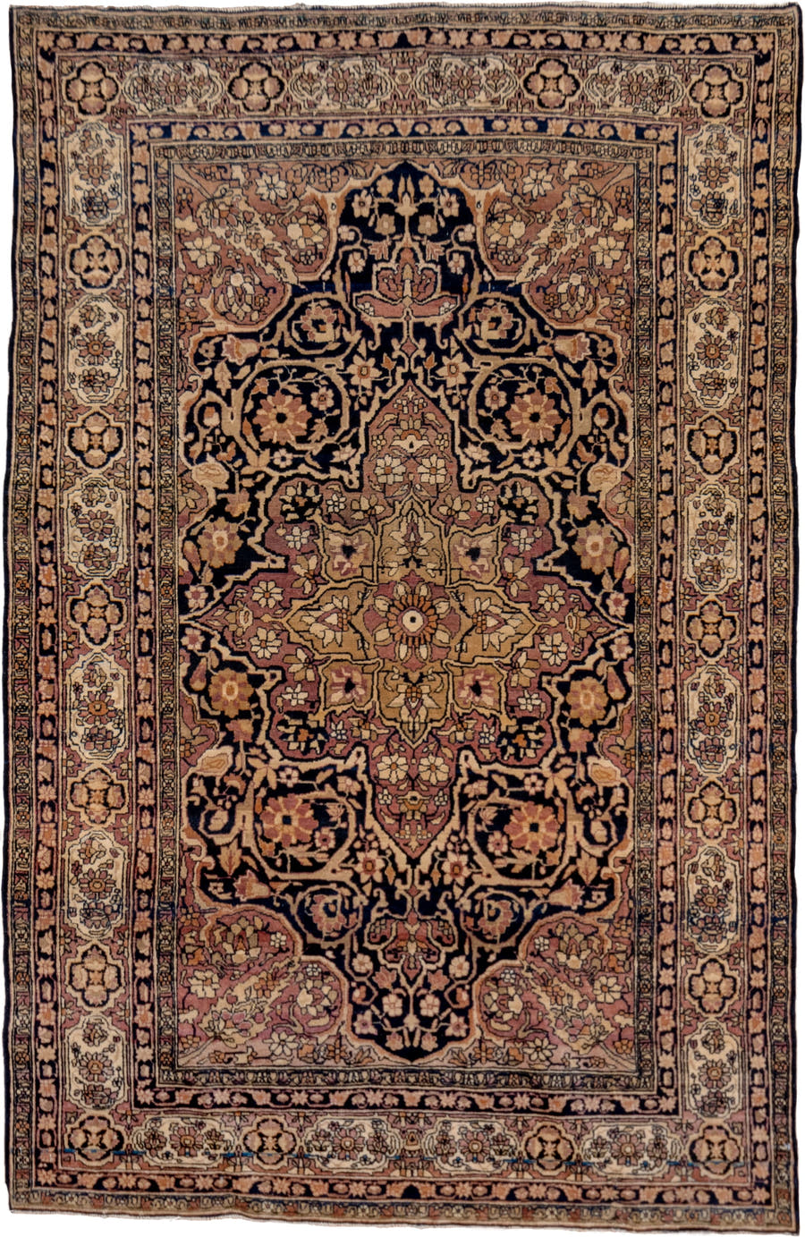 4' x 6' one-of-a-kind handmade vintage Lavar rug. Color palette: navy, ivory, rose, camel, gold, taupe, brown, blue, pink