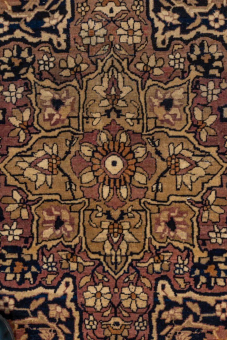 4' x 6' one-of-a-kind handmade vintage Lavar rug. Color palette: navy, ivory, rose, camel, gold, taupe, brown, blue, pink
