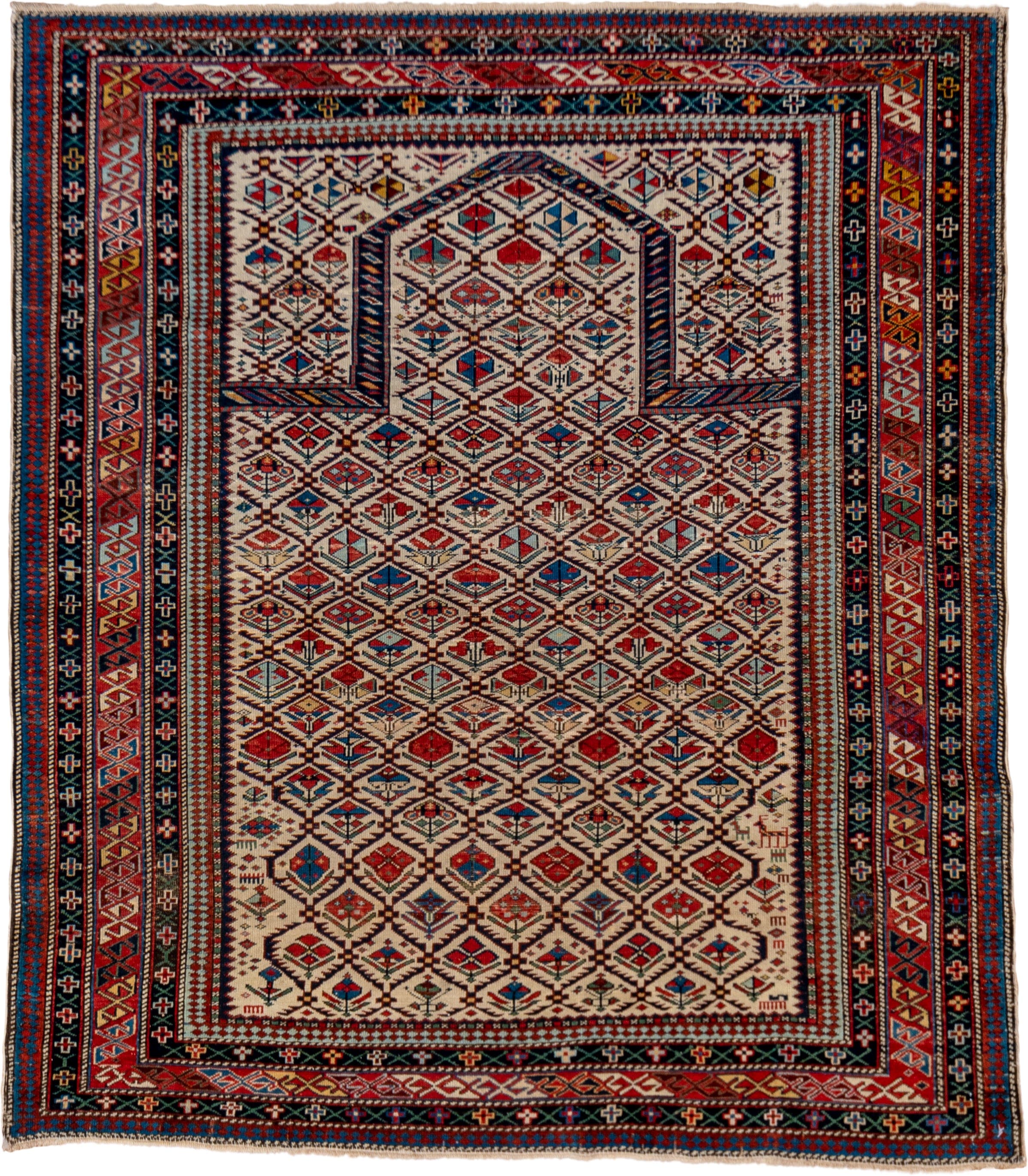 4' x 4' one-of-a-kind handmade vintage Shirvan small size rug. Color palette: ivory, navy, rust, sky blue, crimson, camel