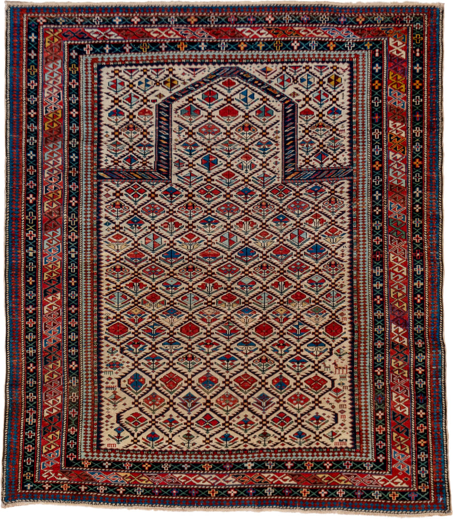 4' x 4' one-of-a-kind handmade vintage Shirvan small size rug. Color palette: ivory, navy, rust, sky blue, crimson, camel