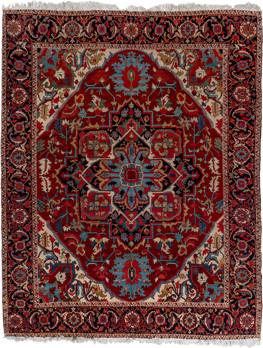 9' x 12' one-of-a-kind handmade vintage Heriz large size rug. Color palette: red, navy, ivory, sky_blue, rust, camel, sage