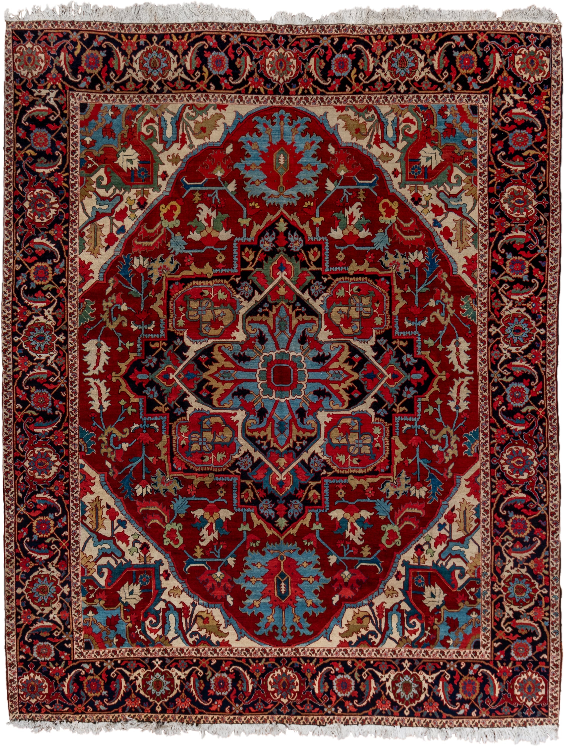 9' x 12' one-of-a-kind handmade vintage Heriz large size rug. Color palette: red, navy, ivory, sky_blue, rust, camel, sage