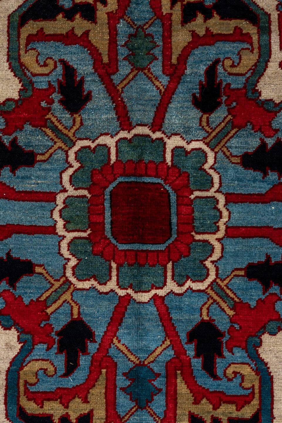 9' x 12' one-of-a-kind handmade vintage Heriz large size rug. Color palette: red, navy, ivory, sky_blue, rust, camel, sage