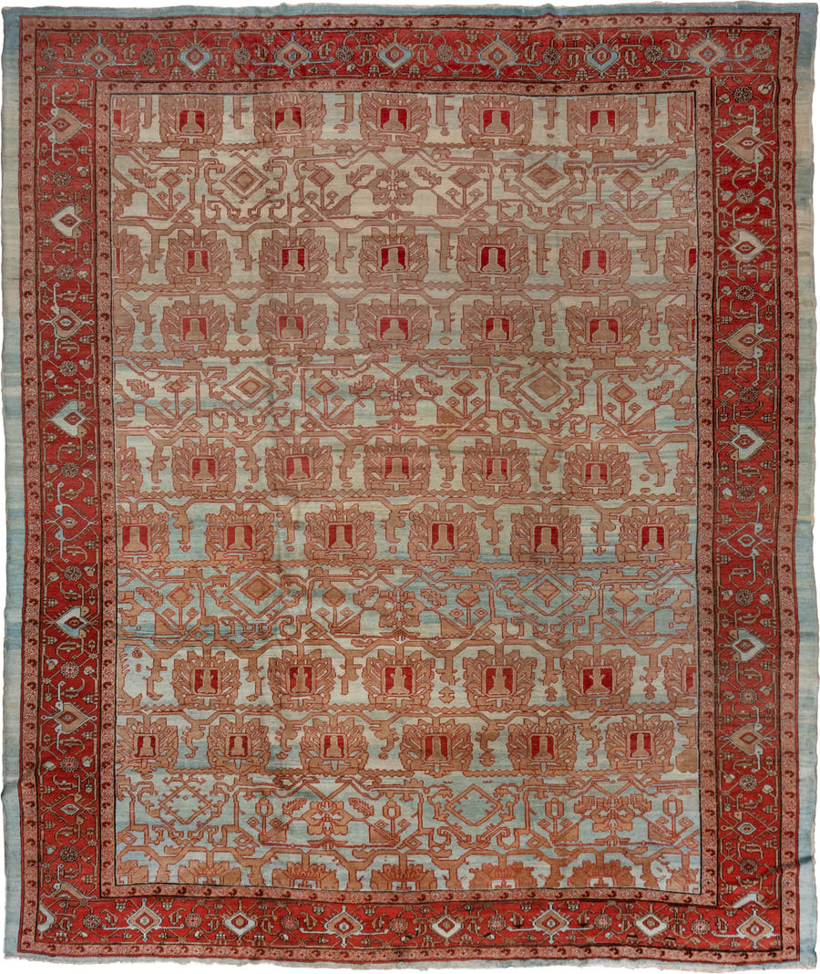 12' x 14' one-of-a-kind handmade vintage Bakhshayesh oversize rug. Color palette: ivory, rust, light blue, terracotta