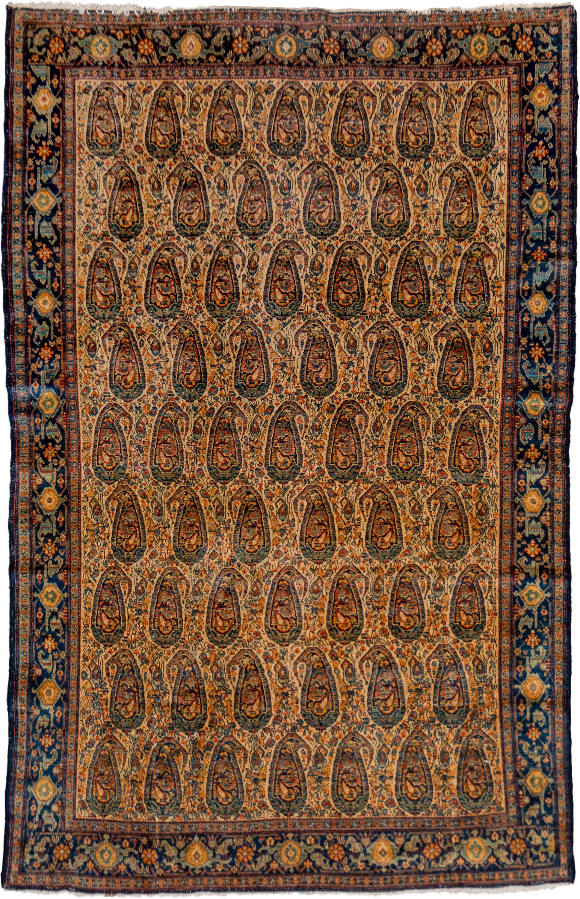 5' x 8' one-of-a-kind handmade vintage Senne medium size rug. Color palette: camel, navy, rust, ivory, gold, terra cotta