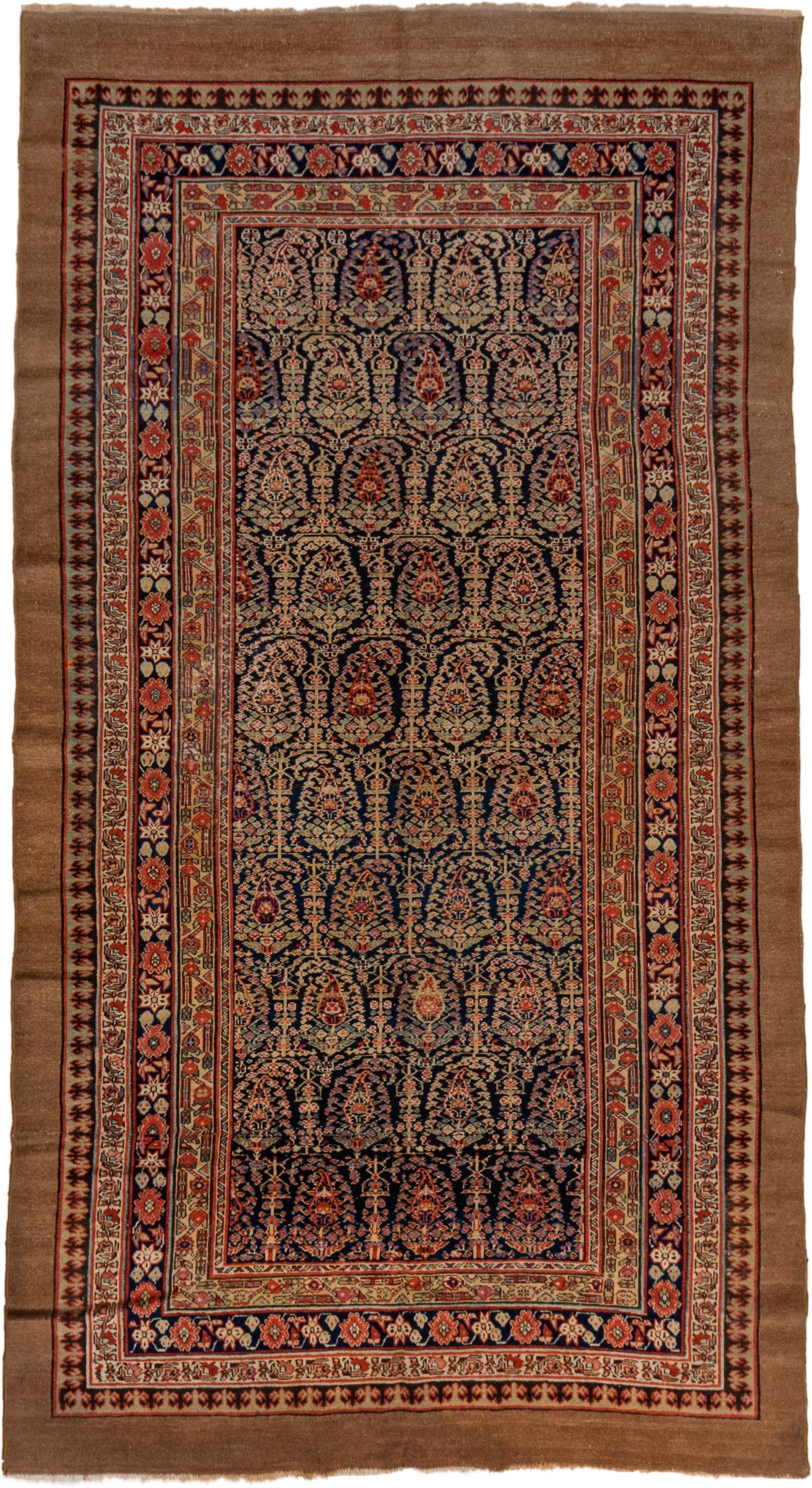 5' x 10' one-of-a-kind handmade vintage Cam Hamadan medium size rug. Color palette: camel, navy, rust, ivory, rose, brown