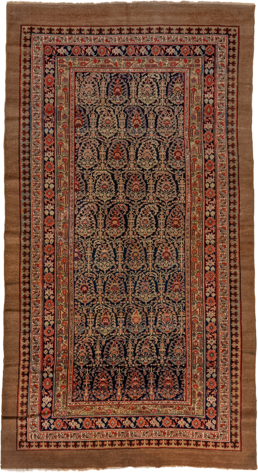 5' x 10' one-of-a-kind handmade vintage Cam Hamadan medium size rug. Color palette: camel, navy, rust, ivory, rose, brown