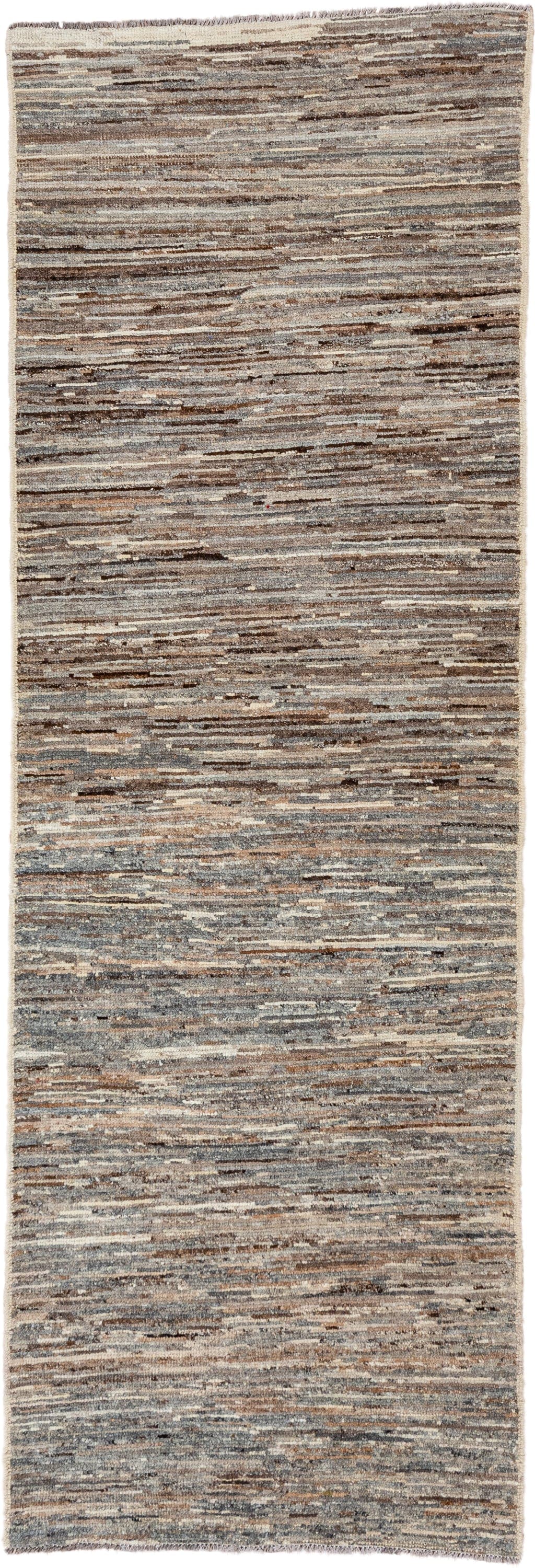 3' x 9' one-of-a-kind handmade vintage Tulu runner rug. Color palette: taupe, brown, gray, ivory, charcoal, beige, black