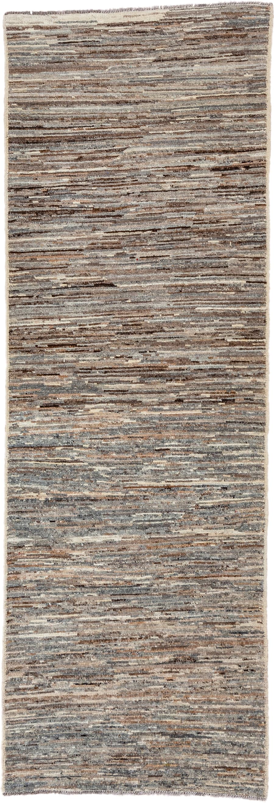 3' x 9' one-of-a-kind handmade vintage Tulu runner rug. Color palette: taupe, brown, gray, ivory, charcoal, beige, black